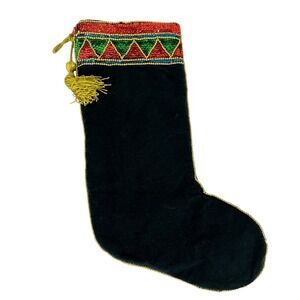 Vintage Hand-Beaded & Sequined Black Velvet Christmas Stocking With Loop Tassle